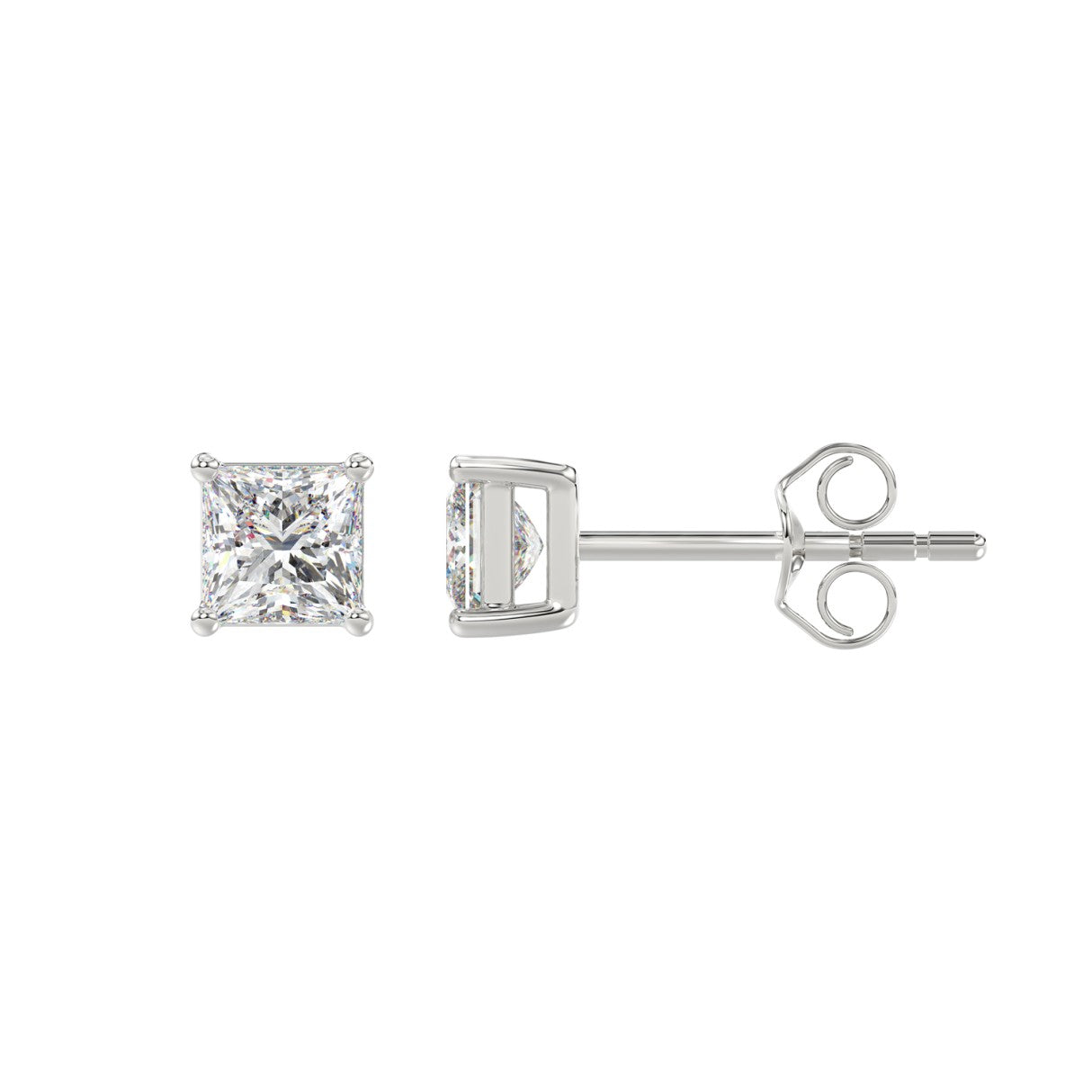 1 Carat Princess Lab Grown Diamond Stud Earrings White Gold angle view