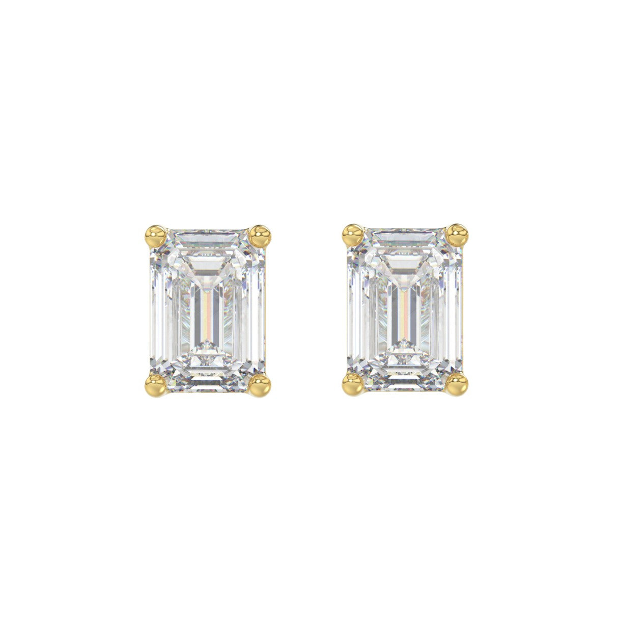 4 Carat Emerald Cut Lab Grown Diamond Stud Earrings Yellow Gold angle view