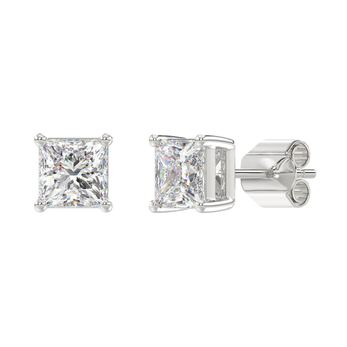 3 Carat Princess Lab Grown Diamond Stud Earrings White Gold down view