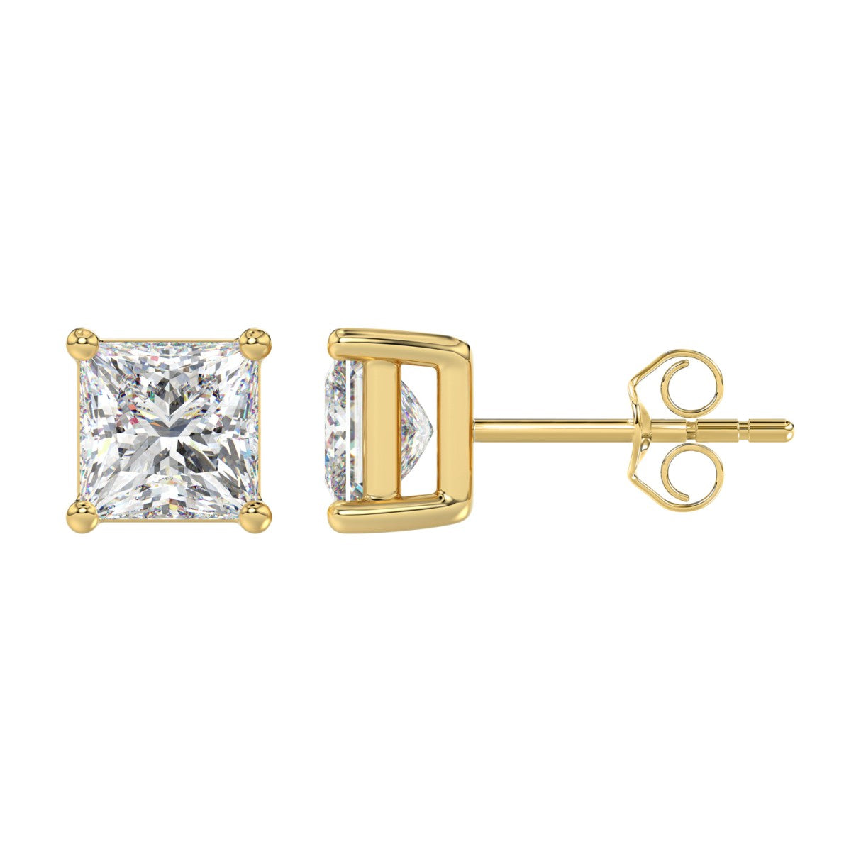 4 Carat Princess Lab Grown Diamond Stud Earrings Yellow Gold down view
