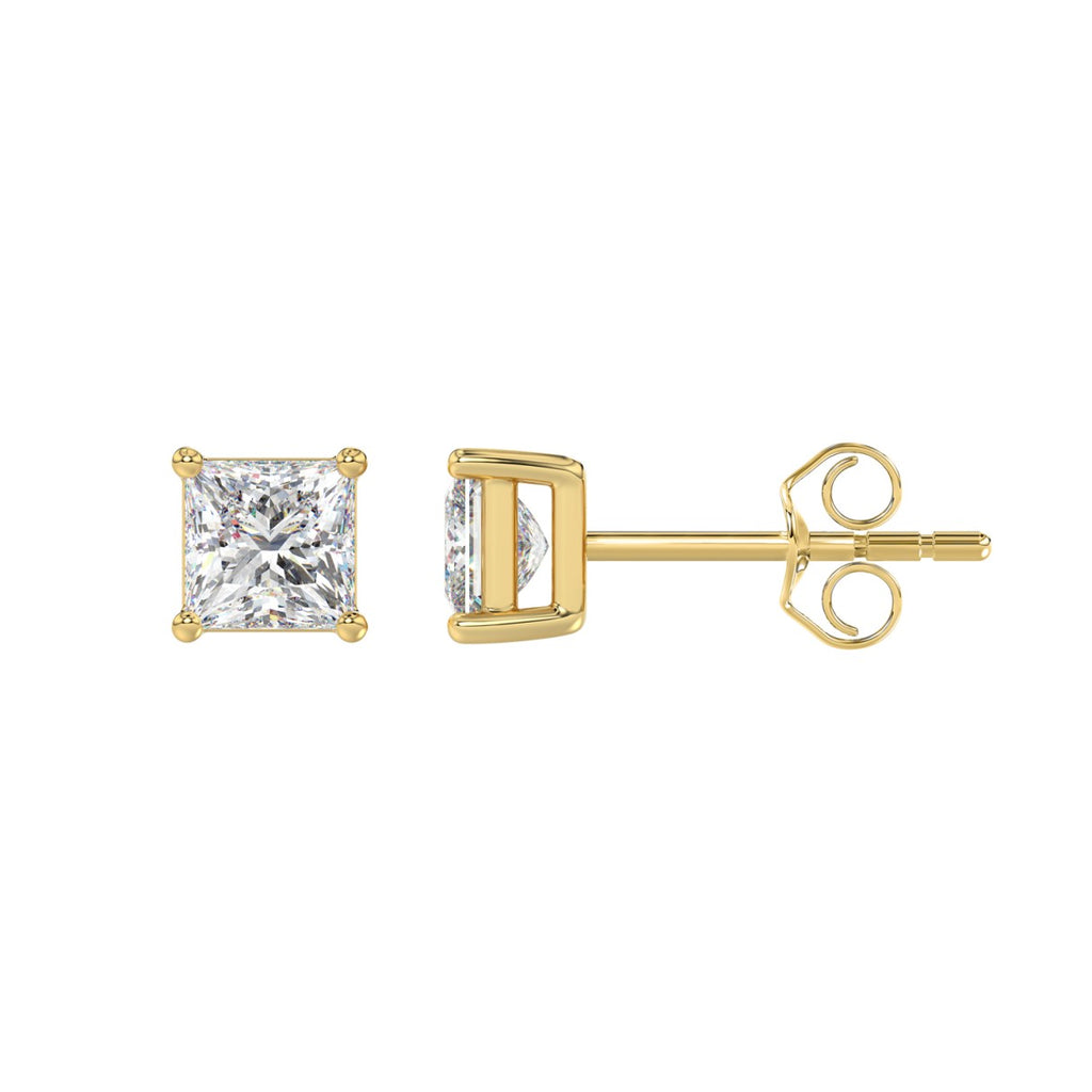 1.5 Carat Princess Lab Grown Diamond Stud Earrings Yellow Gold down view