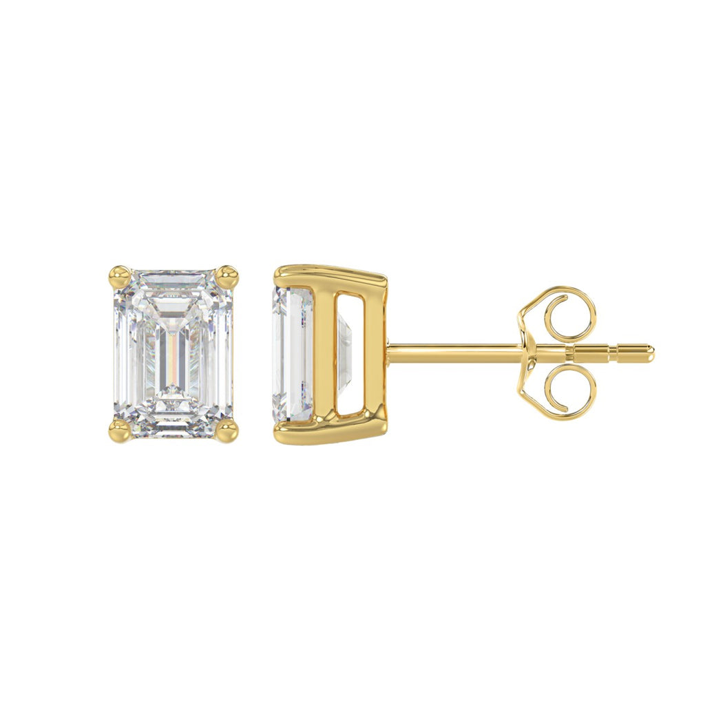 2.5 Carat Emerald Cut Lab Grown Diamond Stud Earrings Yellow Gold down view
