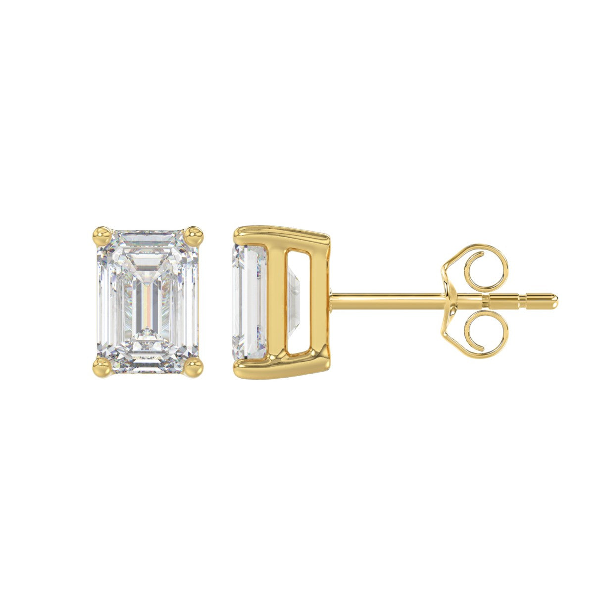 2.5 Carat Emerald Cut Lab Grown Diamond Stud Earrings Yellow Gold down view