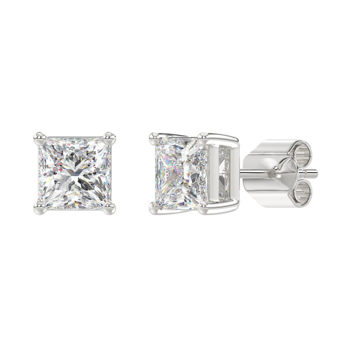 4 Carat Princess Lab Grown Diamond Stud Earrings White Gold flat view