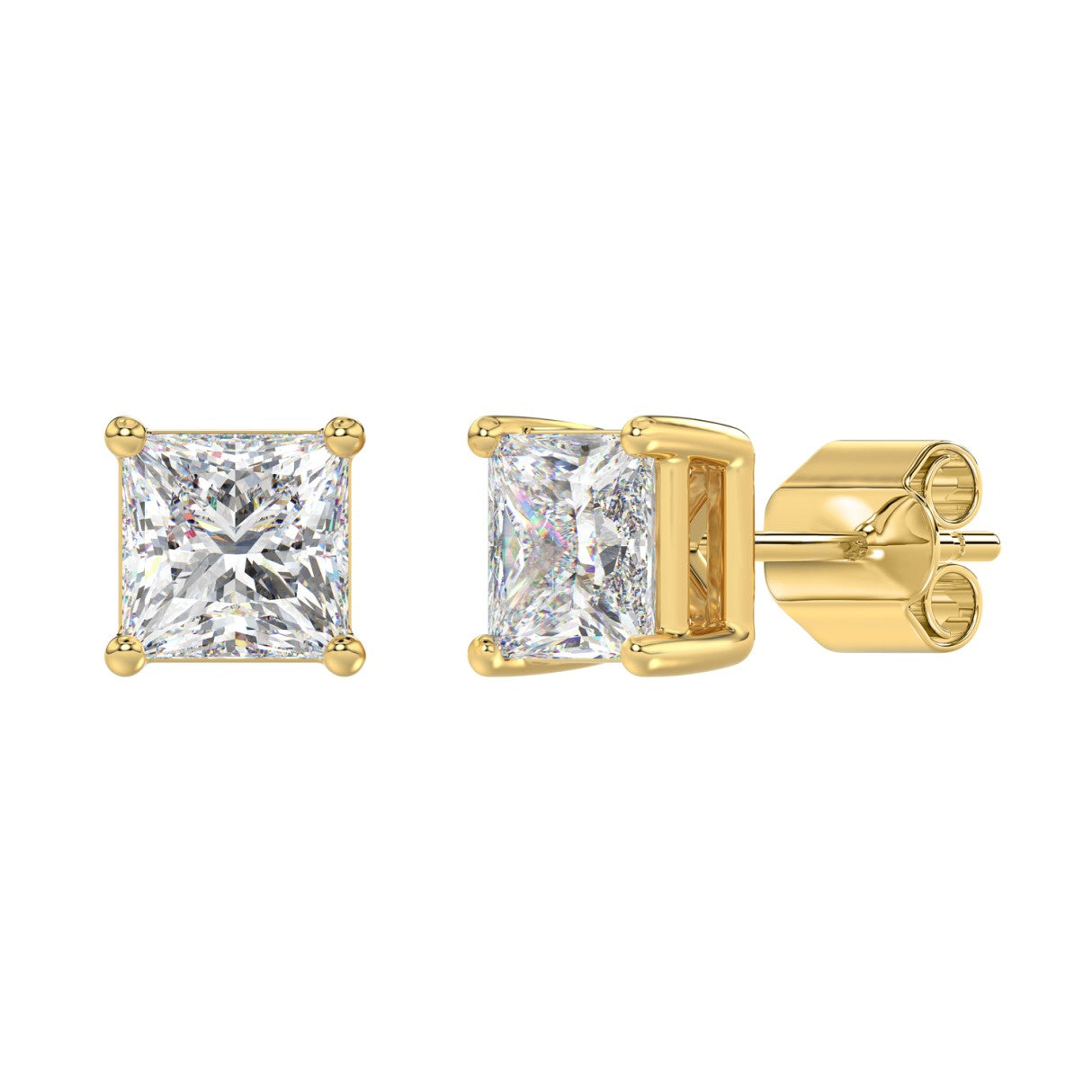 4 Carat Princess Lab Grown Diamond Stud Earrings Yellow Gold flat view