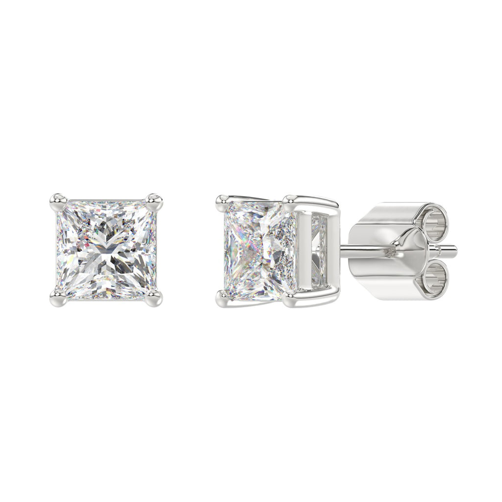 3 Carat Princess Lab Grown Diamond Stud Earrings White Gold flat view